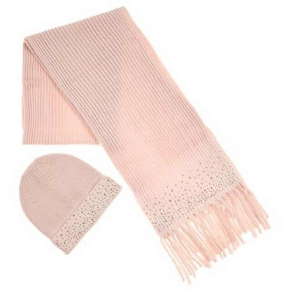 New! K.I.T Collection Blush Crystal Stud Fringed Scarf & Hat Set with Gift Box